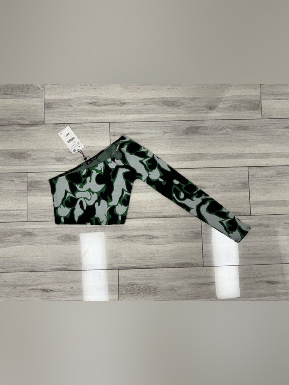 Zara Green Black White One-Shoulder Crop Top with Ring Detail